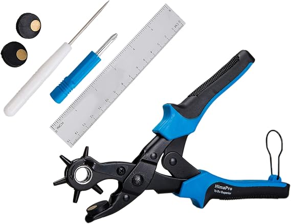 HimaPro Leather Hole Rotary Puncher for Belts, Dog Collars, Saddles, Shoes, Watch Bands, and etc. with a Measuring Ruler, Two Spare Punch Plates, and a Mini Metal Drill