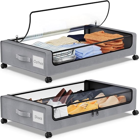 2 Pack Under Bed Storage with Wheels Under Bed Storage Containers with Clear PVC Lid Rolling Organizer Bins for Clothes,Shoes,Toys,Books,Blankets,Grey,2-Pack