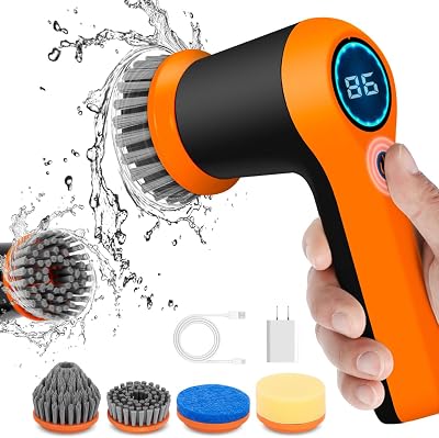 Electric Spin Scrubber - Shower Scrubber Power Scrubber for Cleaning Portable Handheld Scrub Brushes with 4 Replaceable Heads for Bathroom Tile Floor Kitchen Stove, LED Display