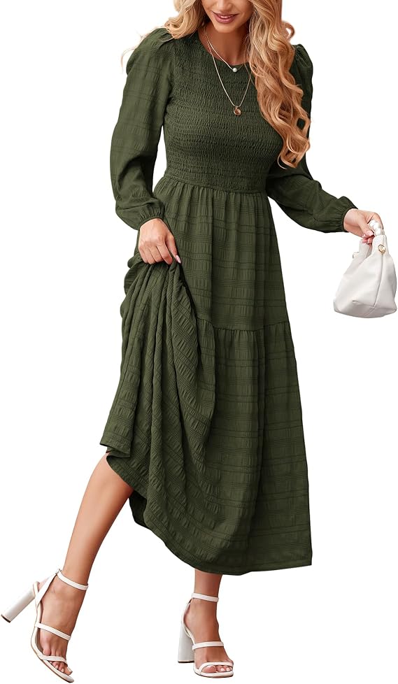 dowerme Women's Dresses 2026 Spring Puff Long Sleeve Crewneck Smocked Tiered Flowy A-Line Boho Wedding Party Maxi Dress
