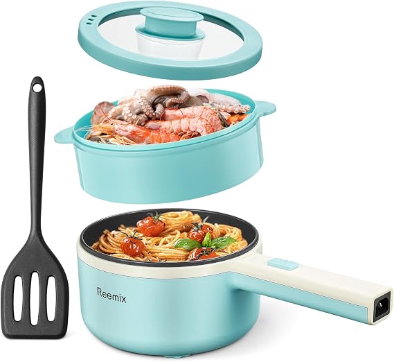 Hot Pot Electric With Steamer, 1.6L Ramen Cooker Non-Stick Saute Pan | for Steak, Egg, Fried Rice, Ramen, Oatmeal, Soup, Portable Personal Perfect Suit Dorm Room and Apartment (Aqua)