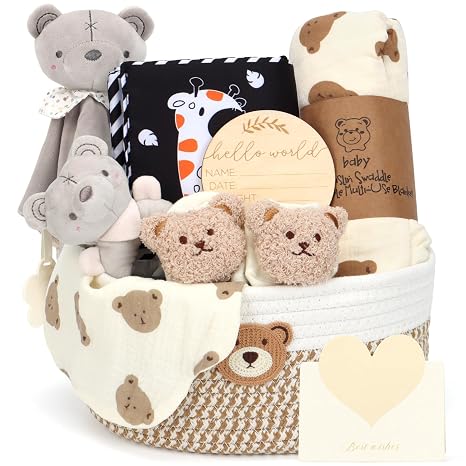 Baby Gift Basket Newborn Gift Basket Set with Nappy Caddy Sensory Book Baby Blanket Swaddle Socks Rattle Bib Milestone Cards Baby Shower Gift Box for Boys Girls Unisex