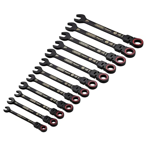 Draper 03929 Expert HI-TORQ Metric Flexible Head Ratchet Combination Spanner Set, Black (12 Piece)