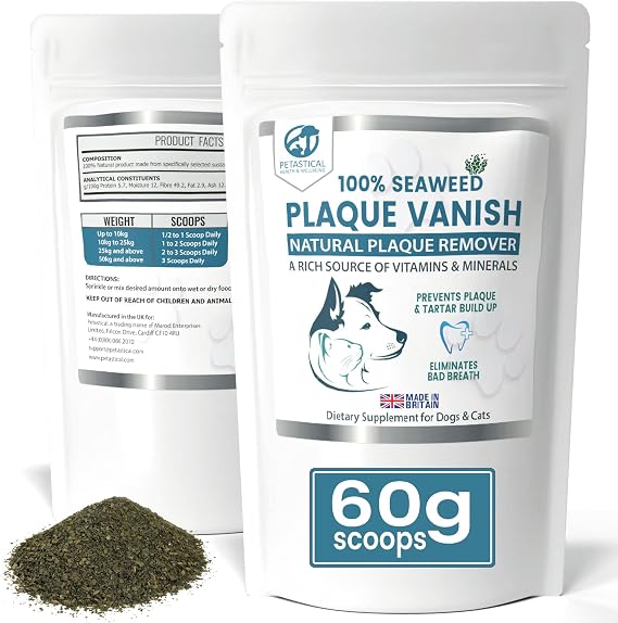 Plaque Vanish | 100% Natural Seaweed Dental Powder | Plaque Off Tartar Remover for Dogs & Cats | Banish Bad Breath | Made in UK (60g)