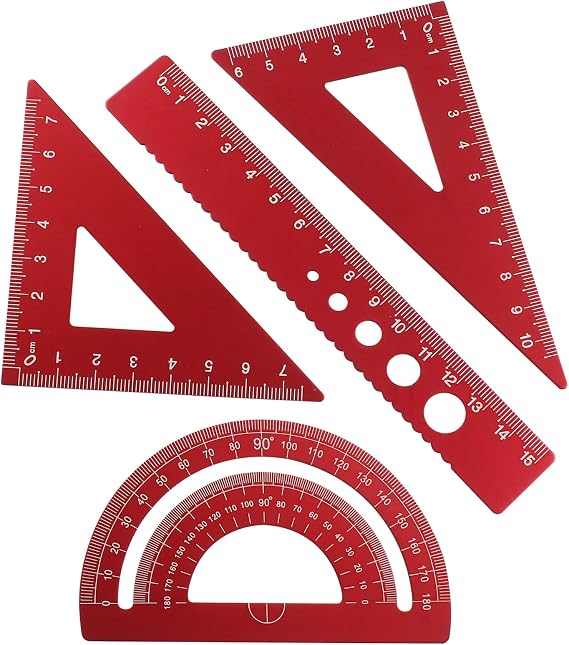 4 Pcs Triangular Ruler Set, Aluminum Alloy, Red