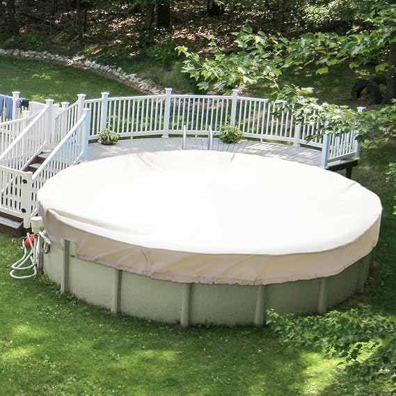 Patio Round Pool Covers for 10' Above Ground Pools, 13ft Winter Pool Safety Cover, Heavy Duty Tarp with Wire Rope Edging Winch, UV-Resistant, Beige (Waterproof)