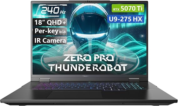 Thunderobot Zero 18 Pro 5070 Ti Gaming Laptop, 18" QHD+ 240Hz Hummingbird Display, Core Ultra 9 275HX, GeForce RTX 5070 Ti, 32GB DDR5, 1TB SSD, Per-Key RGB, FHD IR Camera, Wi-Fi 6E, Win 11 Home