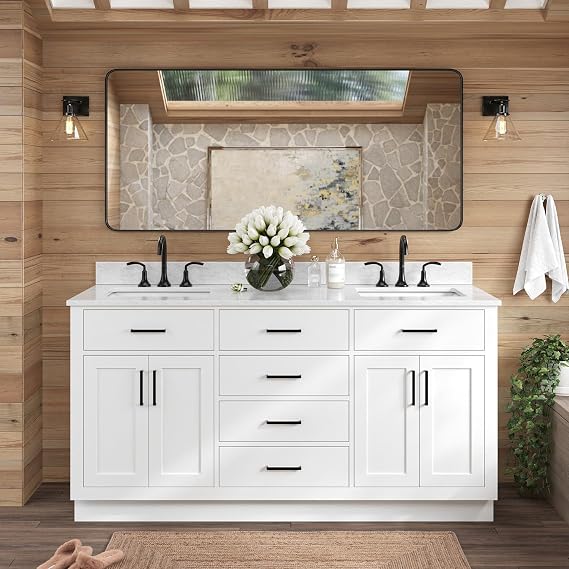 ARIEL Hepburn 66-inch Bathroom Vanity with Sink,Solid Wood, 0.75-inch Italian Carrara Marble Countertop, Double Rectangular Porcelain Sink, 4 Soft Closing Doors, 6 Dovetail Drawers, White