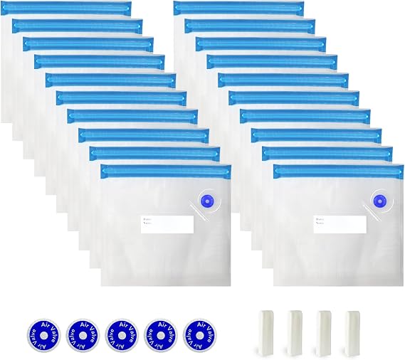 Vacuum Seal Bags For Clothing, Food Grade Vacuum Sealed Bags for Cooking/Food Storage/Microwave Heating. 20 Reusable Vacuum Zipper Bags & 4 Seal Clips & 5 Air Valves. (29, 8.7 * 8.3 inches)