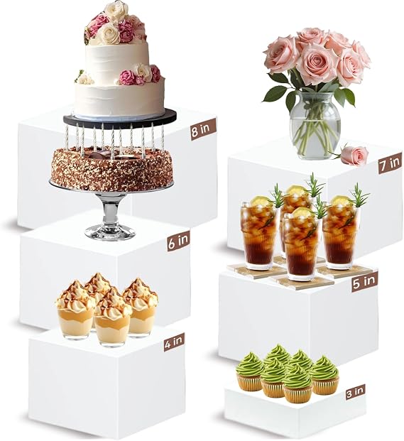 6 pcs Buffet Risers Large White Acrylic Food Risers, Dessert Table Display Set for Buffet Table, Acrylic Display Stands for Catering Dessert Jewelry Figures Show（3in+4in+5in+6in+7in+8in）