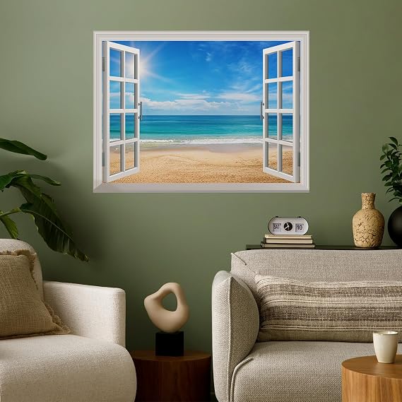 wall26 Removable Wall Sticker/Wall Mural - Beautiful Summer Seascape and The Beach Creative Window View Home Decor/Wall Decor - 24"x32"
