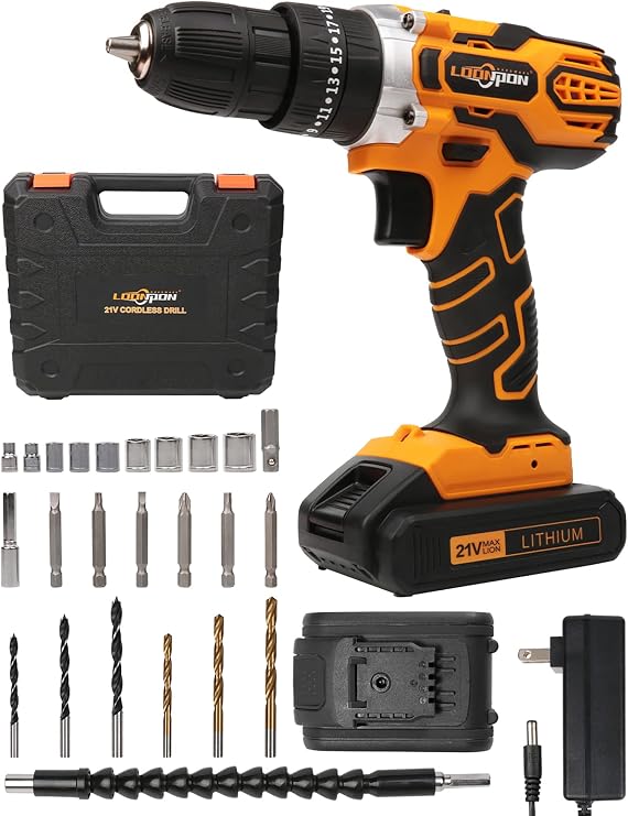 21V Cordless Drill Set, Electric Drill Set with 2Batteries, 24 PCS Bits, Charger, LED Electric Screw Driver for DIY Drilling Wall, Bricks, Wood, Metal