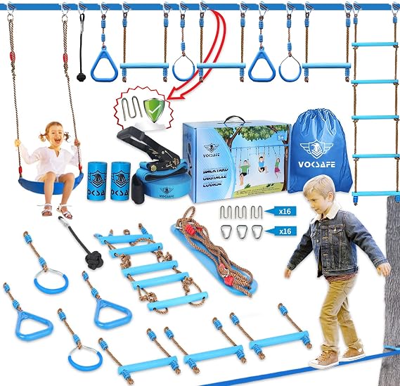 Ninja Warrior Obstacle Course for Kids - Ninja Backyard Obstacle Course - 50' Weatherproof Outdoor Ninja Course Set with 10 Obstacles, Like Ladder, Swing