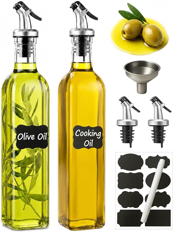 WERTIOO Glass Olive Oil Dispenser Bottles, 500 ml, 2 Pack with Funnels | 2 Pack 500ml Oil Dispenser Bottles, Non-Drip Spouts, Caps, Funnels, Pen & Tags for Oil, Vinegar, Reusable Kitchen Storage