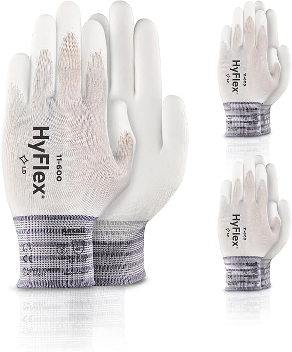Ansell HYFLEX 11-600 Light Duty Nylon Industrial Gloves w/Palm Coating for Metal Fabrication, Automotive - Small (7), White (3 Pairs) | White, Size 7 (S), unisex work gloves with PU coating & 15-gauge nylon liner, ideal for assembling, mounting, screwing