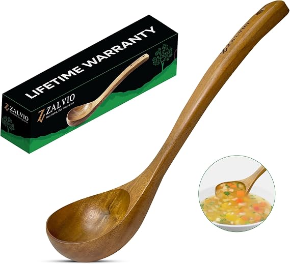 Zalvio Acacia Wood Soup Ladle Handmade Wooden Cooking & Serving Spoon | Sustainable Kitchen Utensil for Soups, Stews, Sauces & Curries