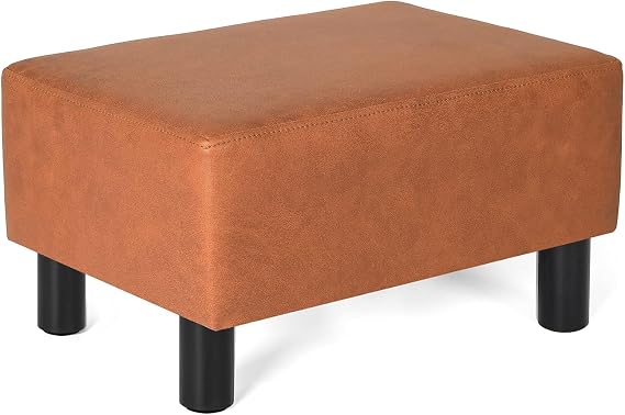 15.7" Mini Ottoman Footstool, Faux Leather Padded Footrest with Solid Wood Legs, Modern Rectangle Footrest for Couch, Red-Orange