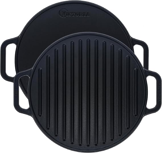 Victoria Round Cast Iron Grill. Double Burner Griddle, with Removable Coil Handles Seasoned with 100% KoBibir Certified Non-GMO Flaxseed Oil, 12.5 Inch, Black