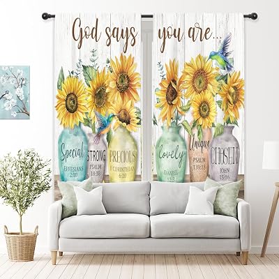 Riyidecor Sunflower Bible Verse Curtains Christian Quotes Farmhouse Rustic Floral Flower Scripture Rod Pocket Retro Hummingbird Wooden Plant Bedroom Living Room Treatment Fabric 2 Panels 42Wx63H Inch