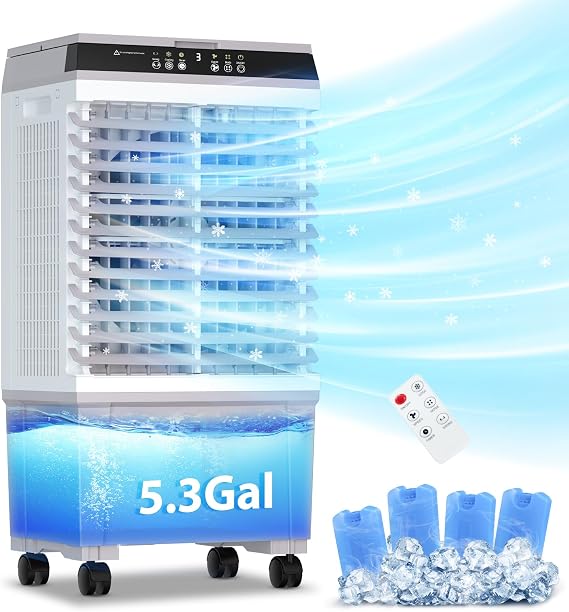 LifePlus Evaporative Air Cooler 1800 CFM Swamp Cooler Portable Cooling Fan with 5.3 Gallon Water Tank Remote Control, 3 Speed 3 Modes, 4 Ice Packs More Cooler, for Room Garage Patio