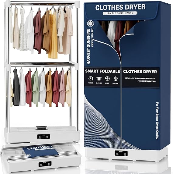 Clothes Dryer, Portable Foldable Drying Machine with Timer, Easy Carry Laundry Drying Wardrobe with Large Capacity, Electric Dryer/Rack for Home | Appartments | RV (Blue) [Energy Class A]