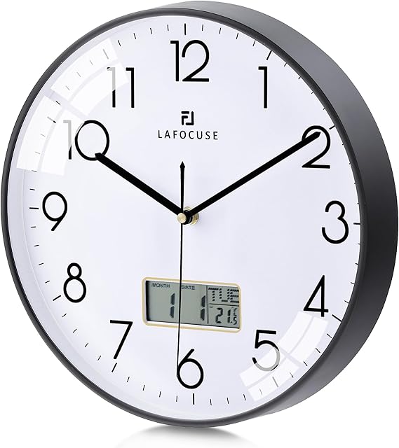 Lafocuse 12 Inch Silent Analog Wall Clock with LCD Display for Calendar and Temperature, Digital Black Wall Clocks with Date and Day Battery Operated Clock for Living Room Bedroom Office