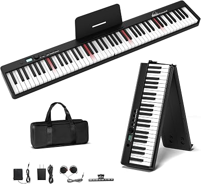 88 Key Dightal Piano, Folding Piano Keyboard with Light Up Keys, Full Size Digital Piano, Bluetooth Electric Piano Keyboard, Semi-Weighted Portable Piano with Sustain Pedal, Carrying Bag