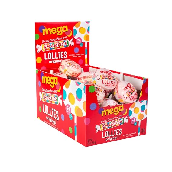 Smarties Double Lollies Mega - Gluten Free, Peanut Free, Fat Free Assorted Fruity Flavors Lollipops - Perfect for Birthdays, Parties - Made by US Candy Company Since 1949-24 Count (Pack of 1)