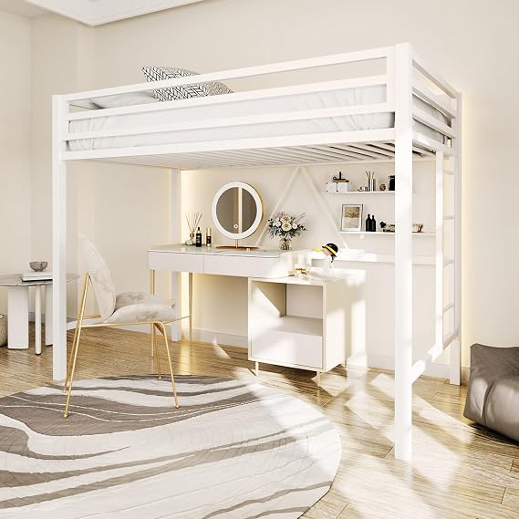 Ikalido Metal Loft Bed Twin Size, Multifunctional Twin Bed with Safety Guard & Removable Ladder, Space-Saving/Noise Free/No Box Spring Needed/Matte White
