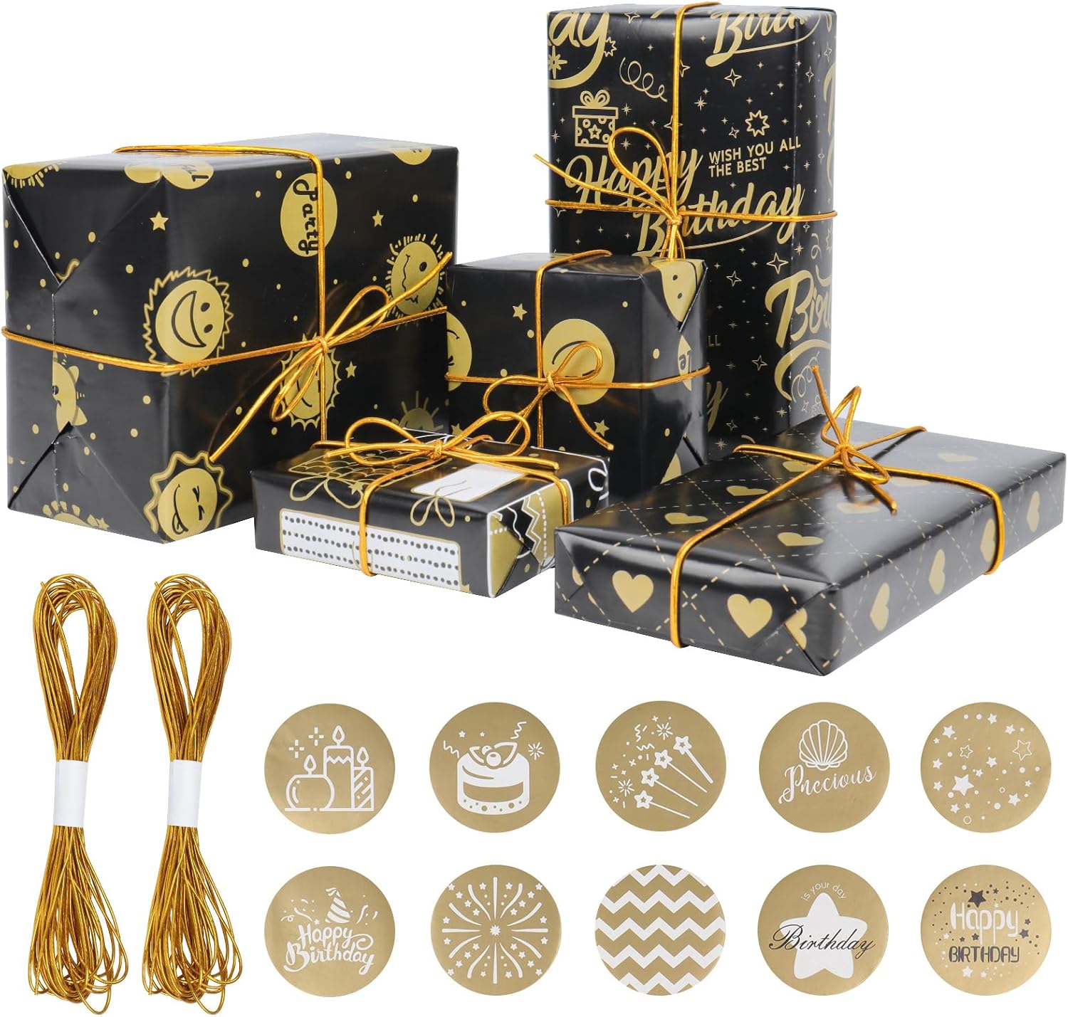 GAOHUI Black Wrapping Paper, 5 Foil Birthday Wrapping Paper Sheets with 2 Ropes & Sticker for Christmas, Halloween, Fathers Day, Graduations, Anniversary, New Year