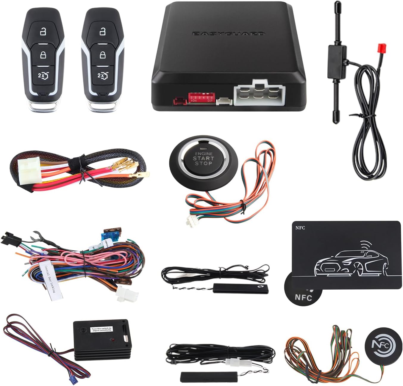 EASYGUARD EC002-FO2-NS Smart Key Passive Keyless Entry Kit with Push Start Button Remote Start PKE Lock and Unlock DC12V