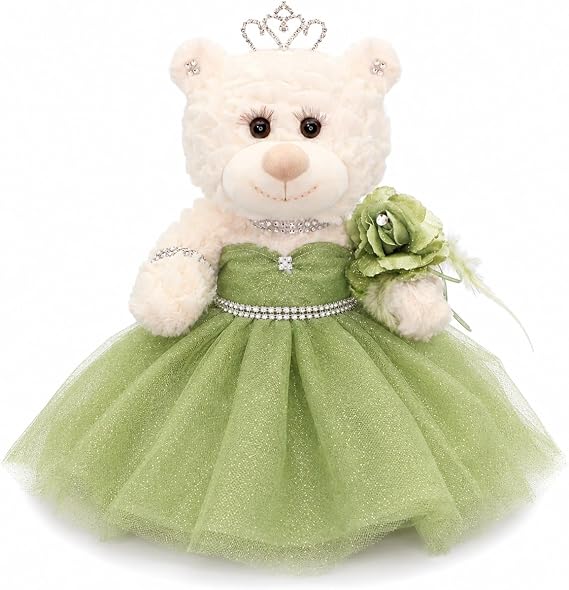 12" Quinceanera Bear Centerpiece Doll w/ Elegant Layered Tulle Dress, and Adjustable Stand Quinceanera Decorations Gift, Oso de Peluche para 15 Anos, Handmade Dress in CA~ARC09831-35 (Sage Green)