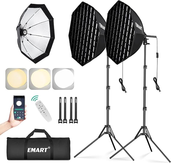 EMART 2PACK Softbox Photography Lighting Kit, 20"x20" Pull Soft Box with Honeycomb Grid, 50W 3000K-6000K LED Bulb with Remote Control, Softbox Lighting Kit for Portrait, Live Streaming,Video Recording