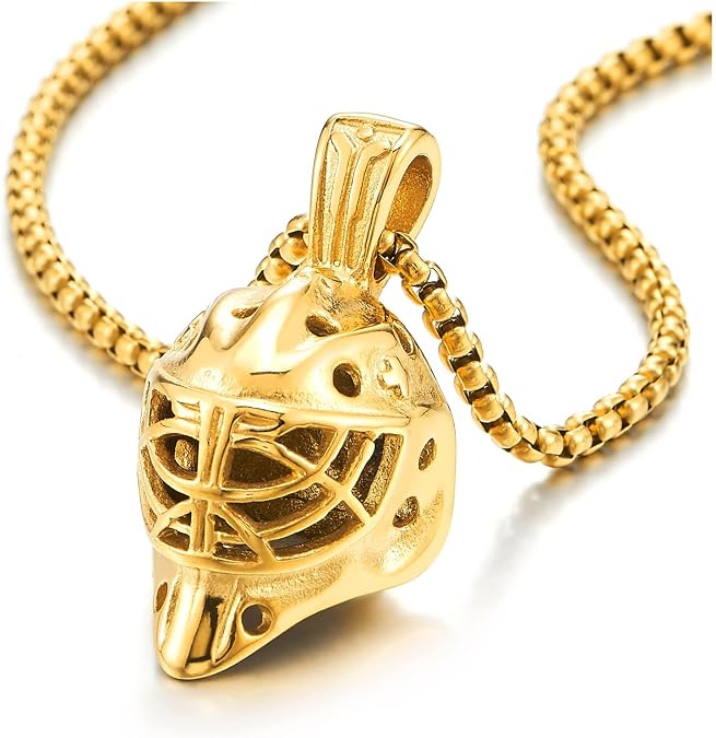 COOLSTEELANDBEYOND Mens Hockey Mask Pendant Necklace, Stainless Steel, Goalie Mask Design, Wheat Chain