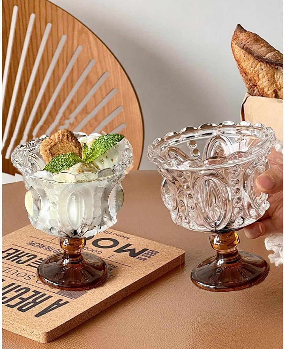 Vintage Glass Dessert Cups 2 pack - 8oz Cute Ice Cream Fruit Cup Dessert Bowl Juice Cup Coffee Cup - ideal for Wedding Party Holidays Gifts for Women,Brown