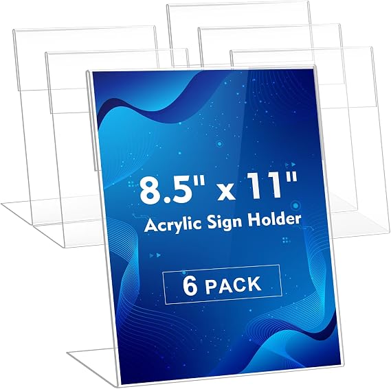 Comix Acrylic Sign Holder 8.5x11 Inches, 6 Pack L Shape Table Paper Stand