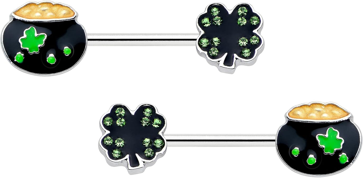 Body Candy 14G Womens Nipplerings Piercing Steel 2Pc Pot Of Gold Shamrock St Patricks Mens Nipple Ring Set 9/16"