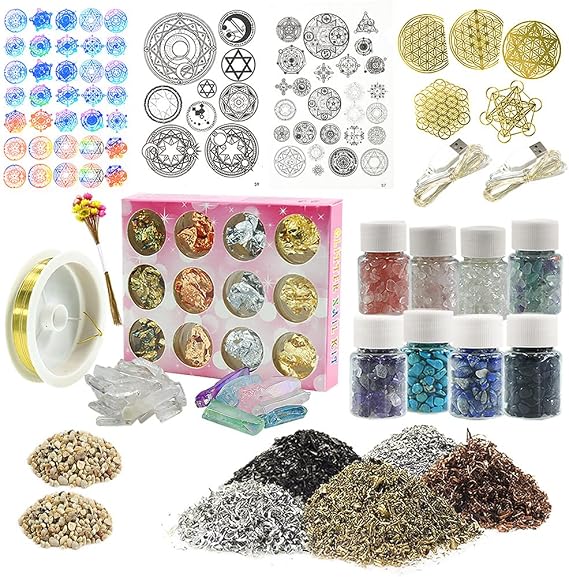 FUNSHOWCASE Epoxy Art Pyramid Making Supplies Pack of 41 Kits Energy Generator Symbol, Mineral Stone, Metal, Wires, Filler, LED and More