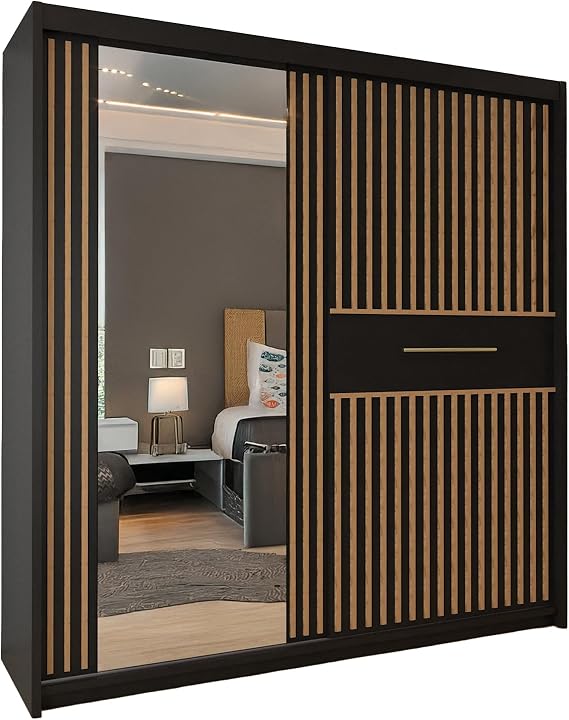 MN Furniture Sliding Door Wardrobe with Mirror | MDF Chipboard | Hanging Rails & Multi-Tier Shelves | Black or White with Votan Oak Strip | 150cm & 203cm | Bedroom Wardrobe (Black/Votan, 150cm)