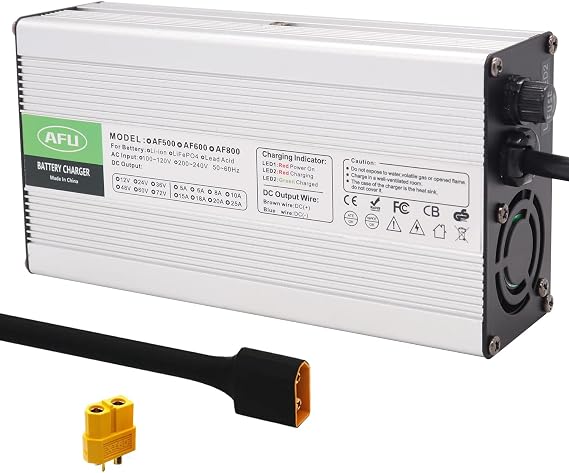 50.4V 8A Lithium Charger with Cooling System Silver Aluminum Case for 12S 44.4V Lithium Battery DC XT60 Male Connector