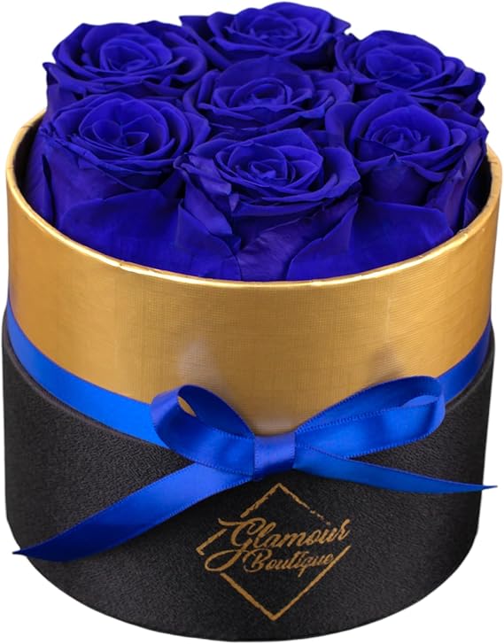 GLAMOUR BOUTIQUE Eternal Preserved Roses in a Box, Flowers Forever, Rose Forever in a Box for Wife or Her, Lasting Real Flower Gift, Elegant Luxury Floral Home Decor, 7 Roses, Blue (Color-Treated)