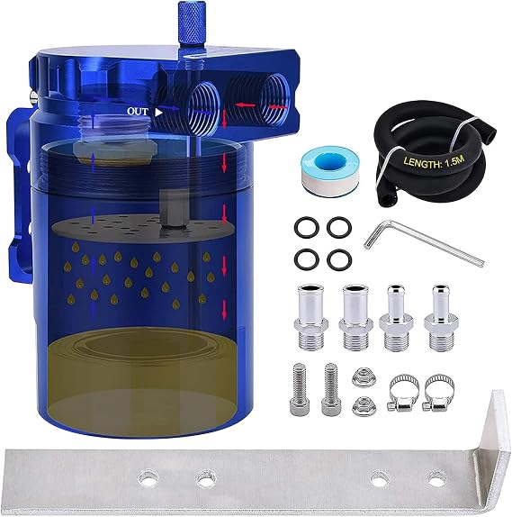 SPEEDWOW Universal Oil Catch Can Tank Filter Baffled With Hose Kit, 300ML( Blue )