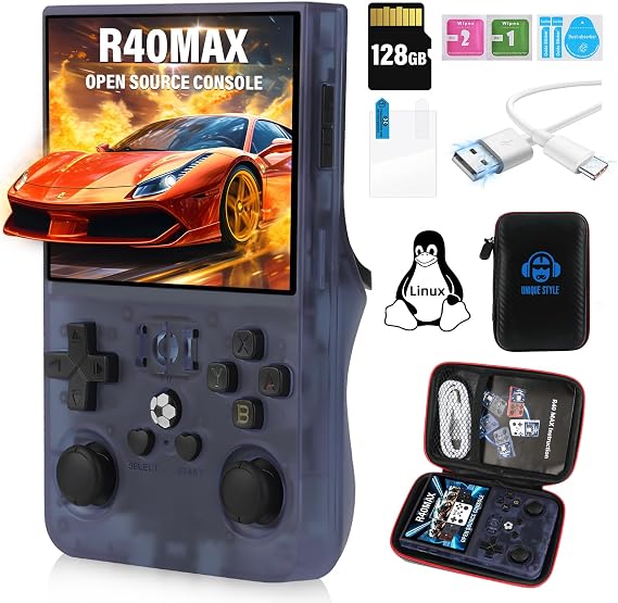 R40 Max Handheld Game Console, 3.5 Inch IPS Screen Open Source Linux System Handheld Emulator Console, 128G TF Card 2W+ Games 30+ Emulators 4000mAh Battery Handheld Console