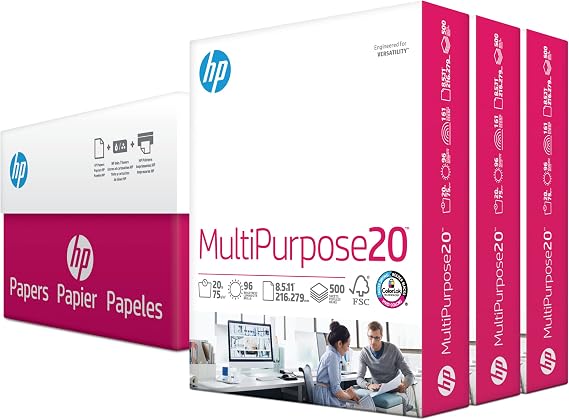 HP Paper Printer 8.5x11 MultiPurpose 20 lb 3 Ream Case 1500 Sheets 96 Bright Made in USA FSC Certified Copy Paper HP Compatible 112300C