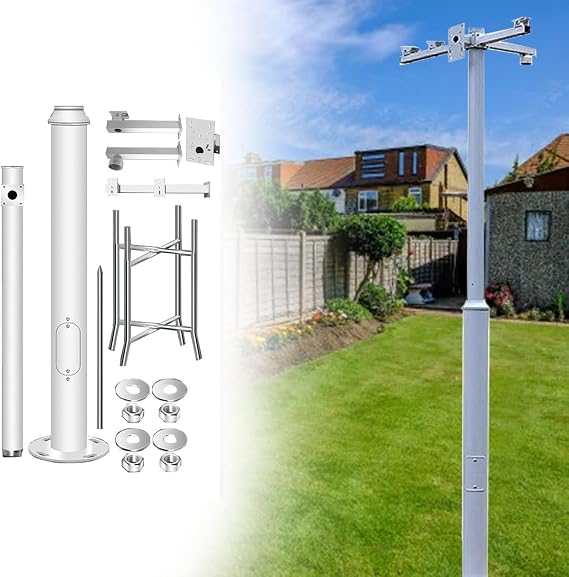 LXLZYXSF Extra Tall Security Surveillance Camera Pole with 4 Brackets, Mounting Rebar Cage Base, Heavy Duty Metal Street Lamp Post for Outside Backyard Parking Lot Walkways(18ft (3 Sections) H)