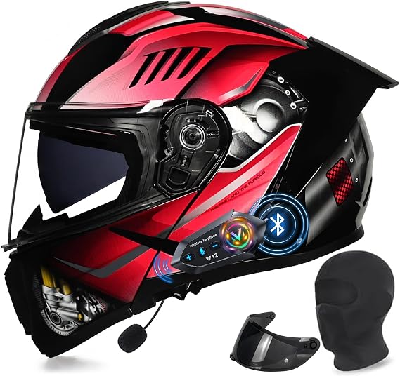 Bluetooth Modular Flip-Up Motorcycle Helmet DOT Approved with Dual Visors, Multi-Ventilation, Aerodynamic Tail Wing, Speakers for Adults Men Women - Sizes M to XXL