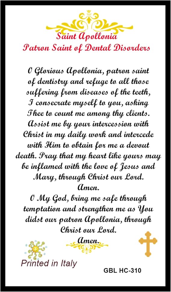 Gifts by Lulee, LLC Saint Apollonia Patroness of Dentists Blessed Laminated Italian Holy Card with Gold Accents
