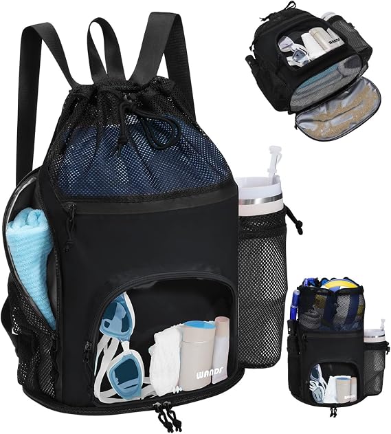 WANDF Drawstring Swim Bag, Sandproof Mesh with Wet and Dry Compartments