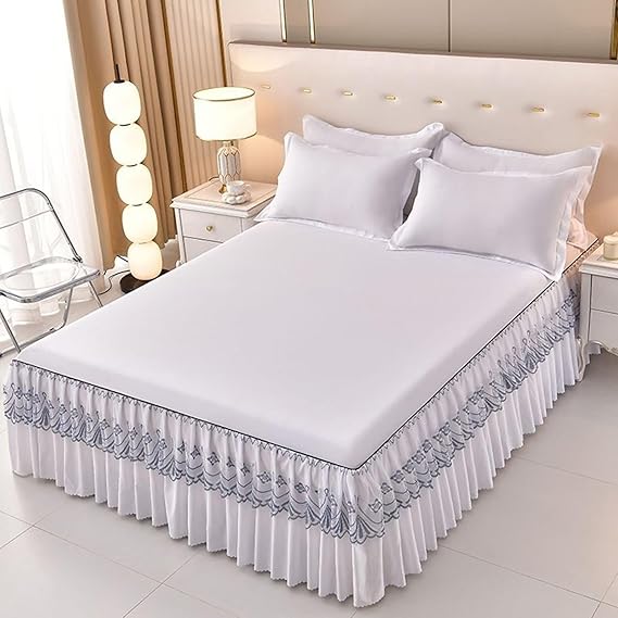 Fitted Bed Sheets Beige White, Polyester Fitted Bed Sheets Solid Color with Lace Fitted Sheet 79"x87"(200x220cm)