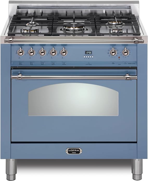 Lofra DolceVita Series 30 Inch Freestanding Dual Fuel Range Oven Stove, Cooktop 5 Sealed Brass Burners, Convection, 9 Cooking Modes, Knobs and Handrail Stainless Steel - Lavender